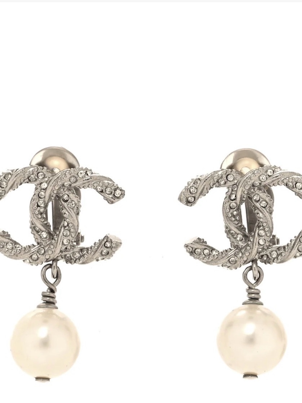 CHANEL Silver-Tone Crystal CC Logo Earrings with Cream Pearl Drops
